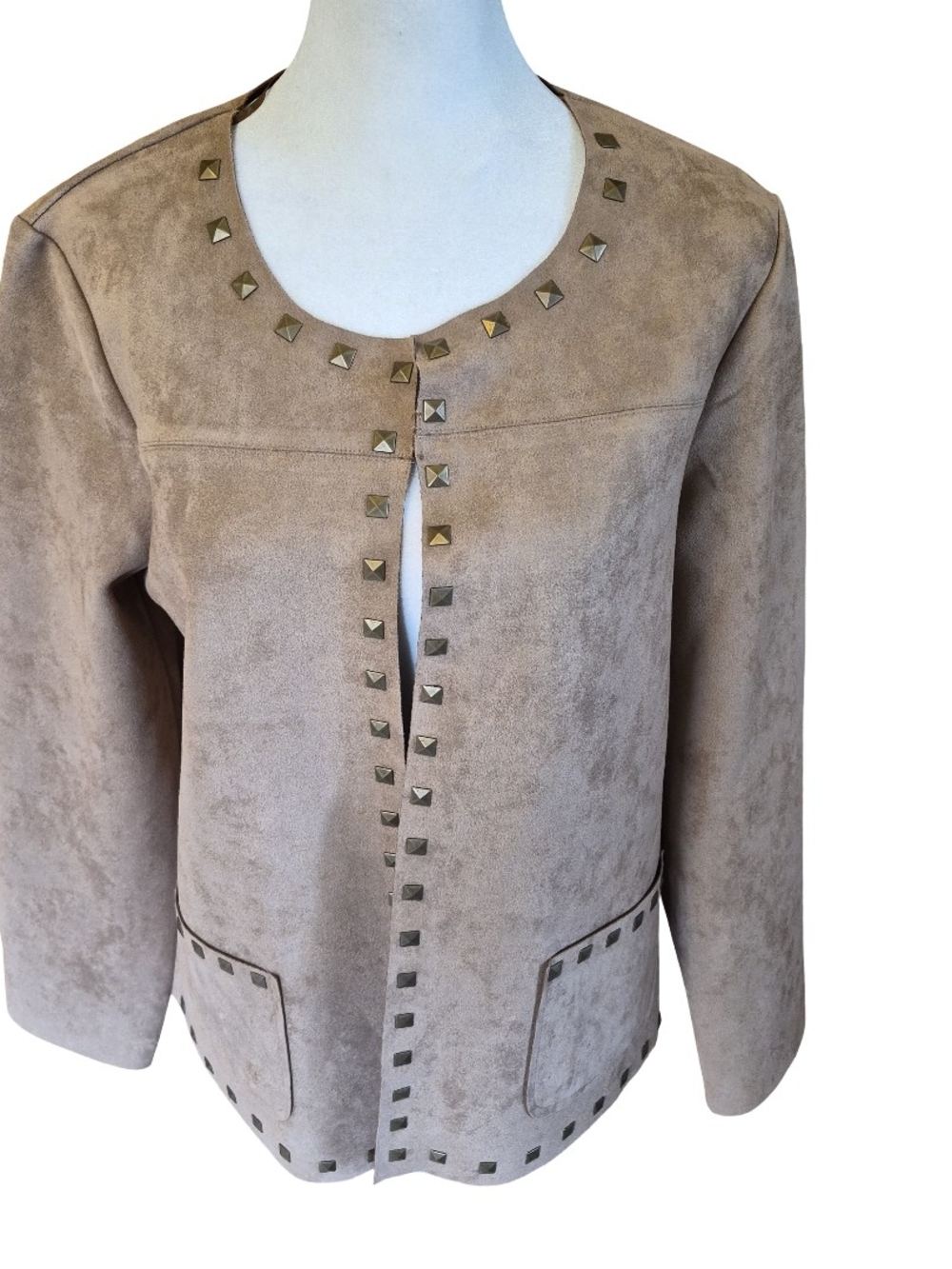 Carmen Marc Valvo Taupe Suede Stud-Trim Open Jacket